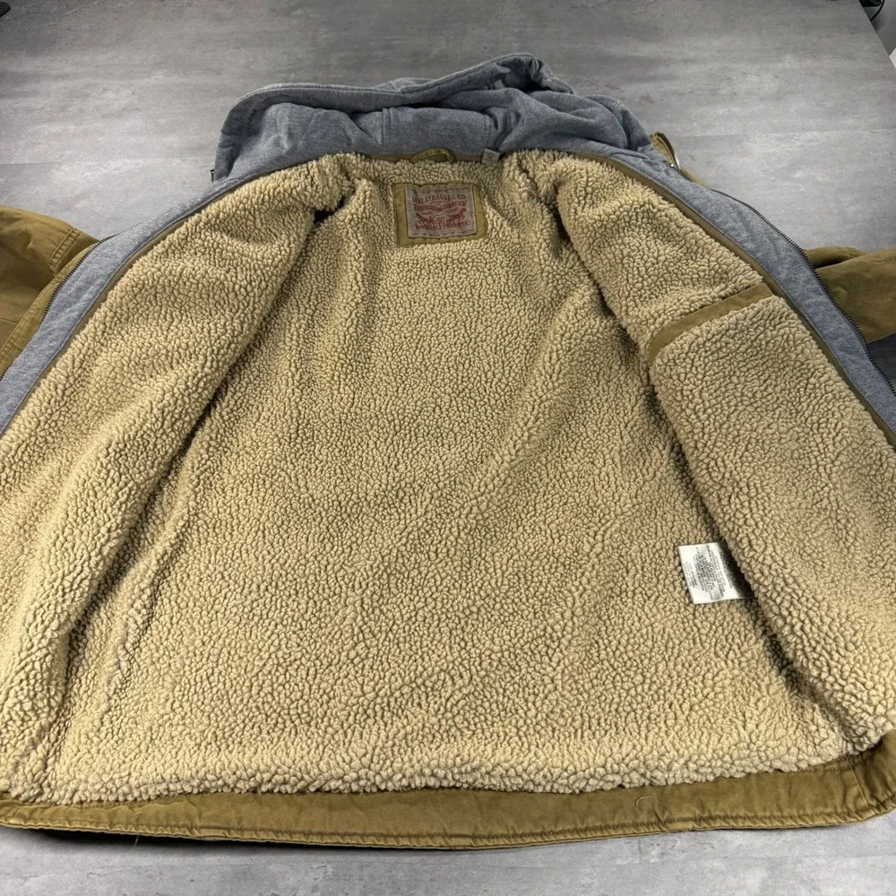 Levis Military Jacket Medn Medium Khaki Brown Hoodie Sherpa Fleece Lined FullZip